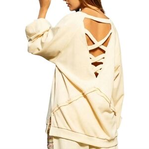 014.POL Bohemain Cross Open Back Oversized Sweatshits In Neutral Cream